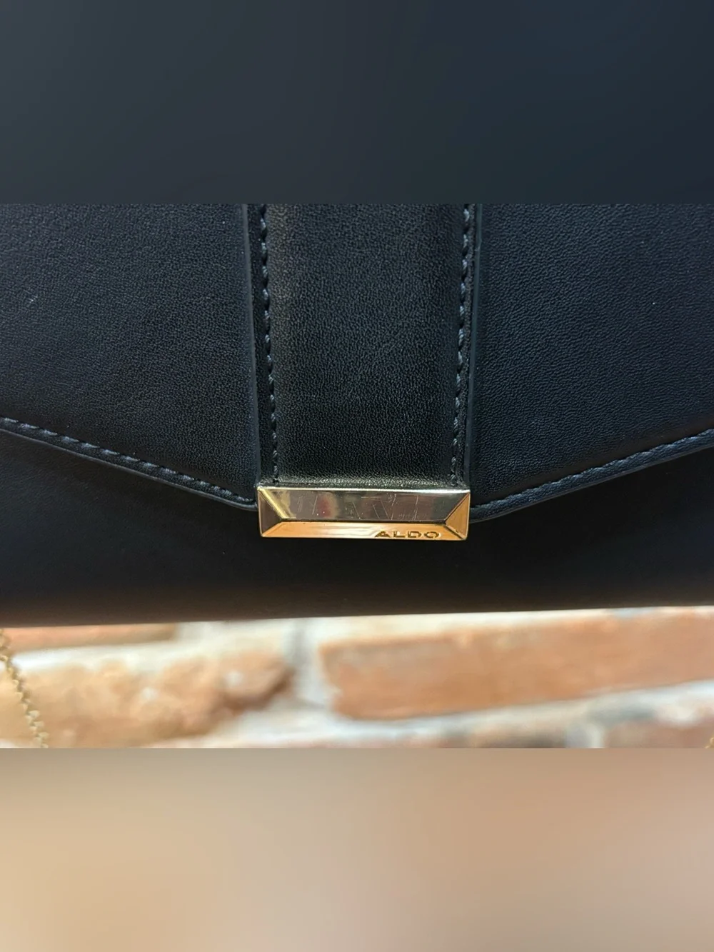 ALDO Black Faux Leather Envelope Clutch with Gold Chain